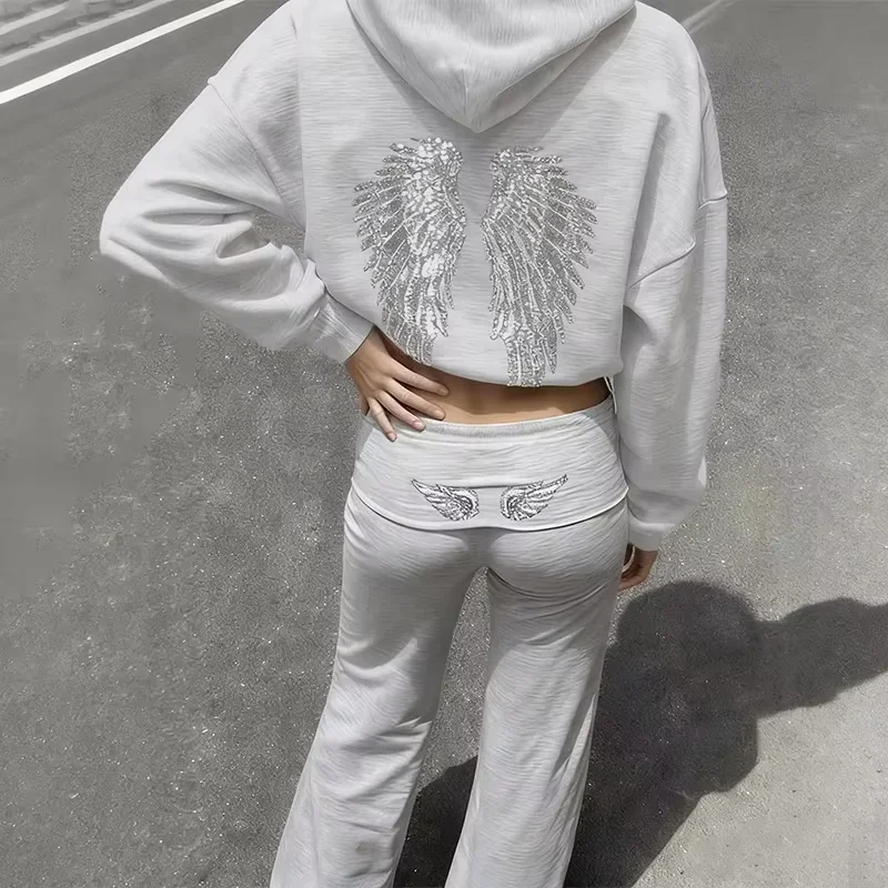 Women Spring Autumn 2 Piece Pullover Hoodie Pants Set Sequin Wing Print Foldover Waist Wide Leg Solid Vintage Casual Streetwear