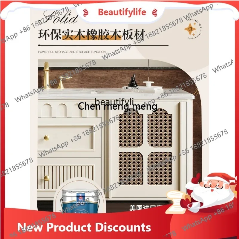 

Дубовый французский ретро шкаф для ванной комнаты, комбинированная ванная комната в кремовом стиле, роскошный каменный умывальник, ручной шкаф от пола до потолка 3001