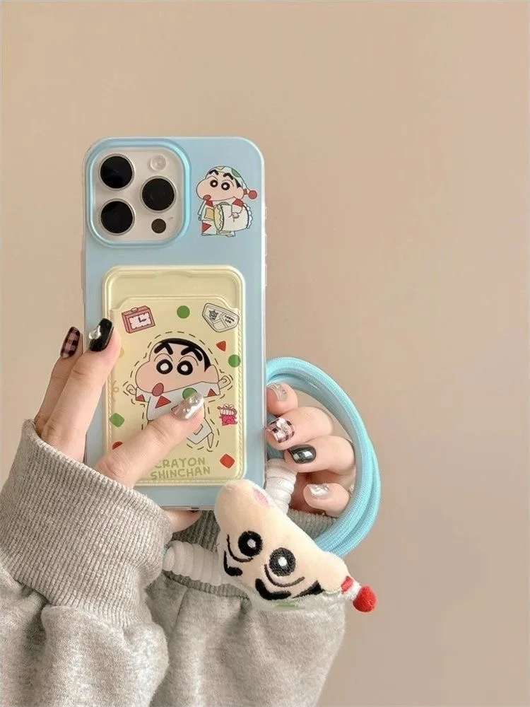 

Anime cartoon Crayon Shin-chan Wallet card Lanyard Phone Case For iPhone 12 13 14 15 16 Pro Max Cute Shin-chan Furry Wrist Strap