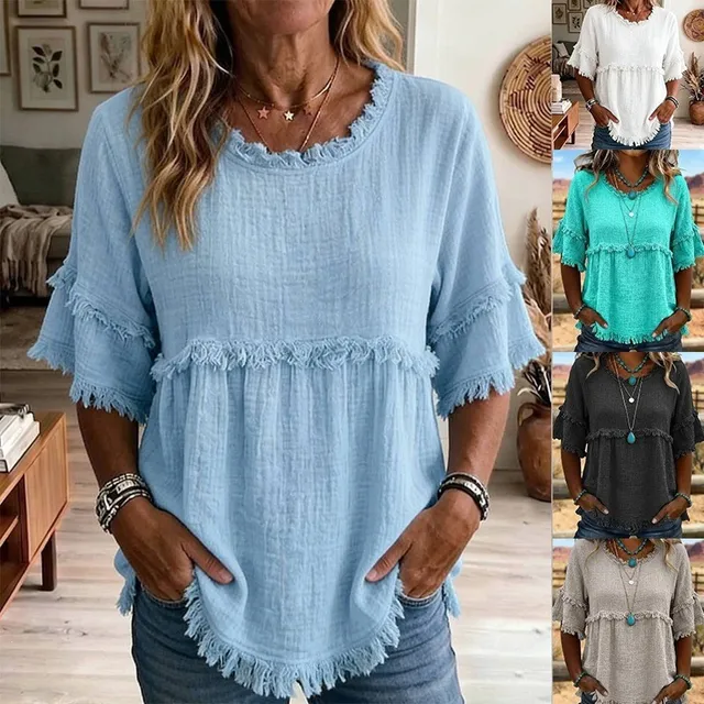 Blusa verano mujer cuello redondo manga corta chifón holgada boho