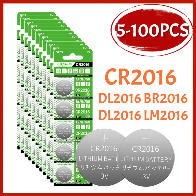 5-100Pcs CR2016 Coin Cells Batteries CR 2016 DL2016 BR2016 LM2016 ECR2016 3V 75mAh Lithium Button Battery For Watch Remote Key