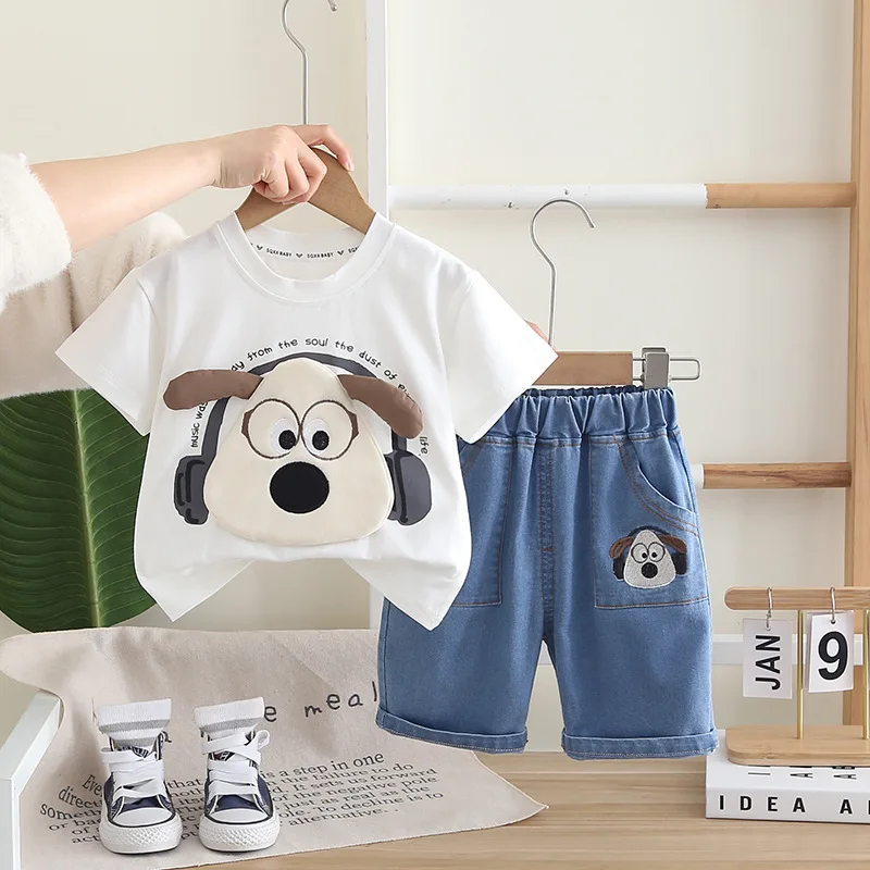 

Child Summer Set 2025 Korean Kids Fashion Cartoon Earphones Dog O-neck Short Sleeve T-shirts Tops and Shorts Boys Suit Outfits