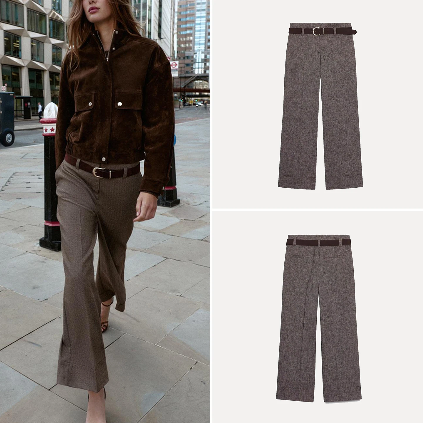 Faionable op maat gemaakte broek met riem hoge taille rechte pijpen lange broek voor dames herfst 2025, zigzagpatroon personali