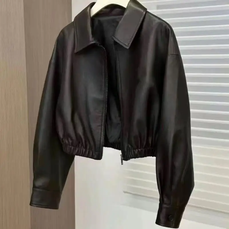 Hot 2026New Spring Autumn Black High-End Pu Soft Leather Jacket Topstrend Niche Design Fashion Loose Zipper Short Leather Jacket