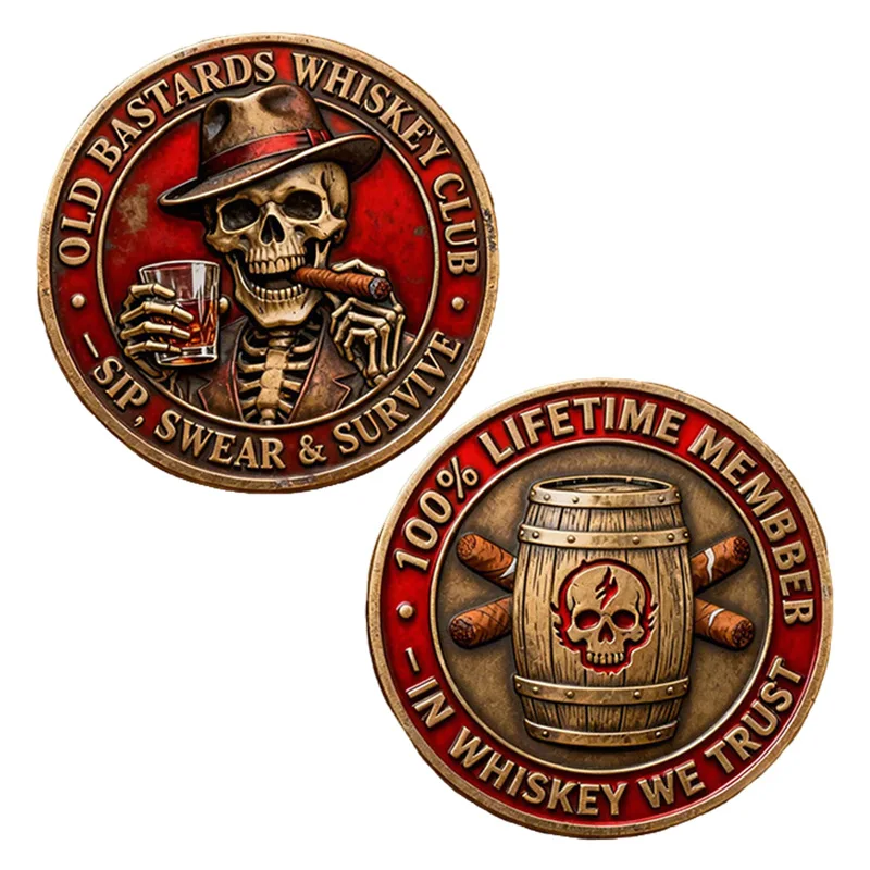 Moneda Conmemorativa de Bronce del Club Old Bastards Bourbon, con Diseño de Calavera y Barril, Réplica Coleccionable