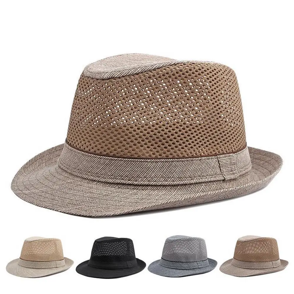 Summer Men Sun Hats Panama Caps Polyester Splicing Mesh 56-60cm Small Brim Jazz Style Outdoor Beach Sunshade Fedoras TY0181