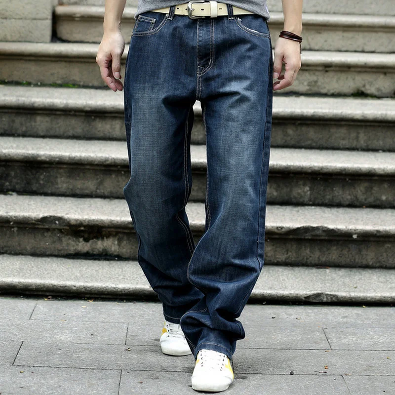 

Stretch Jeans Men Loose Straight Trousers Large Size 's Blue and Black Denim Pants Mid Waist Washed