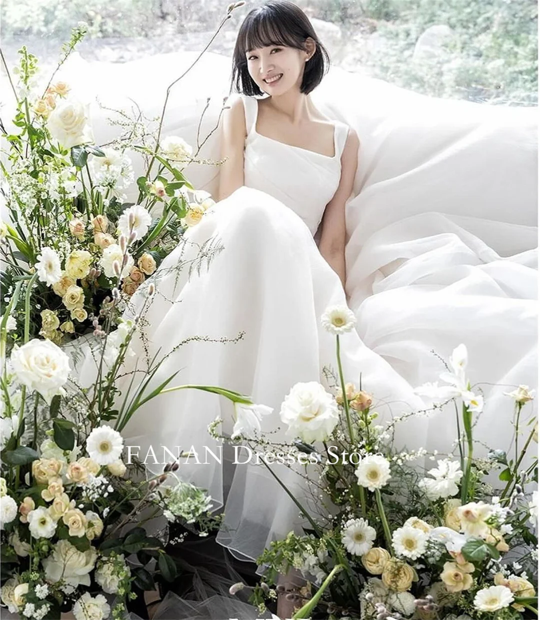 FANAN Korea Ivory Organza Wedding Dresses 웨딩드레스  Custom Made A-Line Corset Square Neck Sleeveless Bride Gowns Plus Size