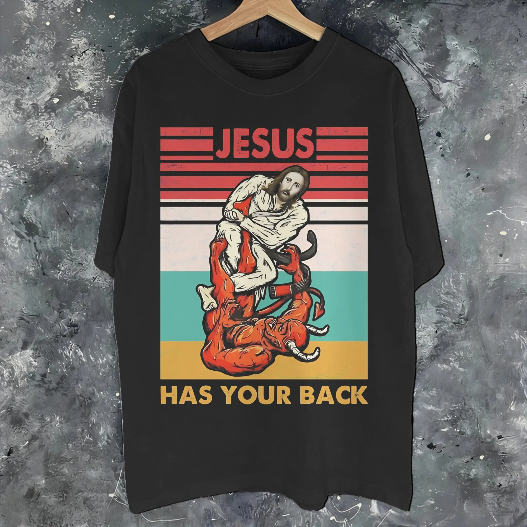 Mens Womens Jesus Has Your Back Jiu Jitsu T Shirt 100% Cotton Printed T-Shirt  Clothing Outfits