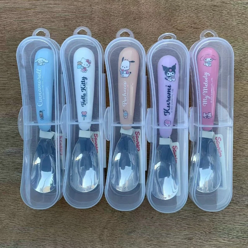 

Anime Cartoon Sanrio Hello Kitty Tableware with Box SS304 Dinnerware Soup Spoon Kuromi Ice Cream Shovel Kitchen Utensils Gift