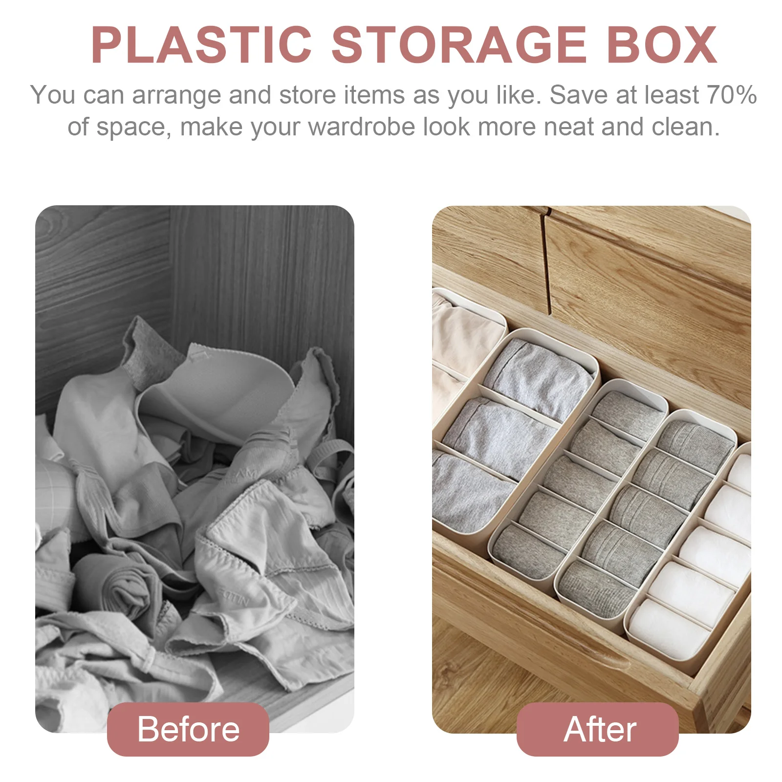 2 pezzi di plastica impilabile scatola di immagazzinaggio 5 scomparti vestiti cassetto organizzatore calzini biancheria intima contenitore solido divisore bianco