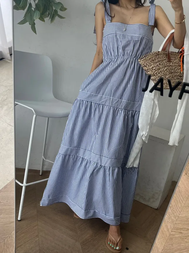 Striped Summer Dr Women's Loose Beach Vaion Fairy Skirt Waist Cinched A-Line Dr Commute Sle Regular Fit Medium Sof...