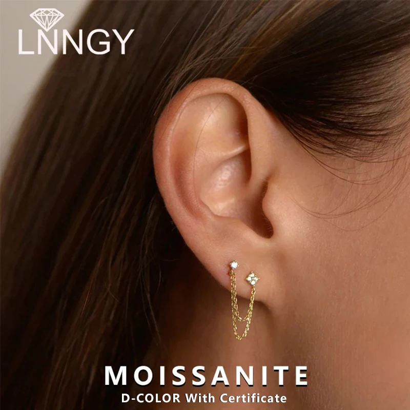 

Lnngy 3mm&2mm Four Leaf Flower Moissanite Drop Earring For Women Girls Double Studs Chain Tassel Piercing Earrings Jewelry Gift