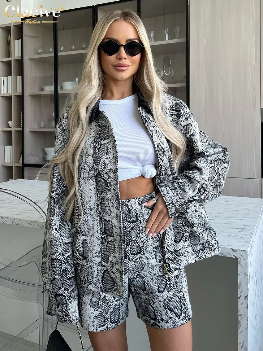 

Clacive Fashion Loose Snake Pattern Print Set 2 Piece Woman Vintage Long Sleeve Blazer With High Waist Shorts Set Female Clothes