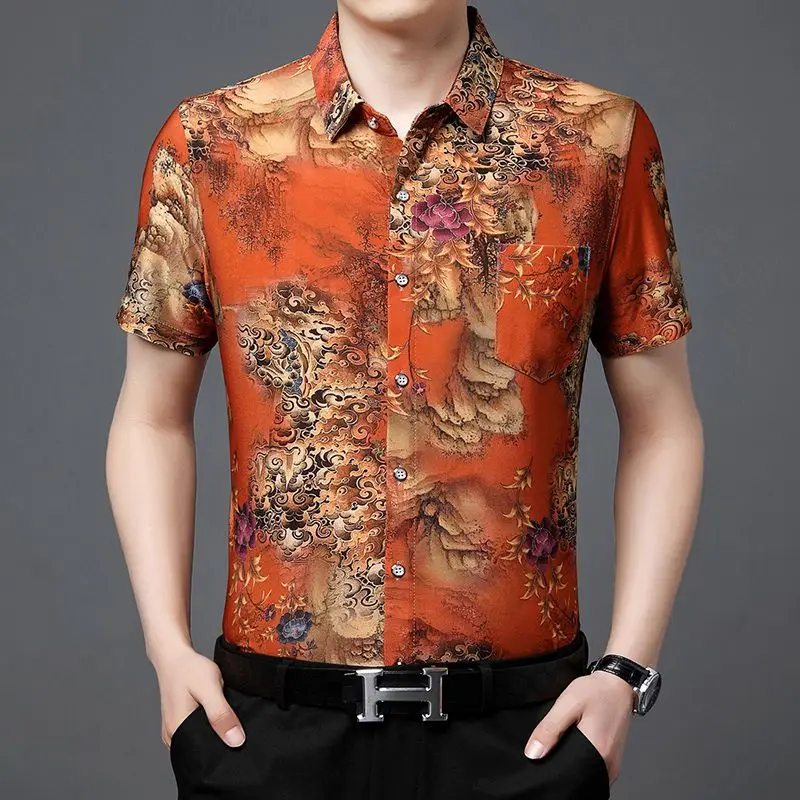 T Shirt for Men Spring Summer V-Neck Underlay Short Sleeve Printing Floral Pockets Button Casual Blouses Fashion Tops