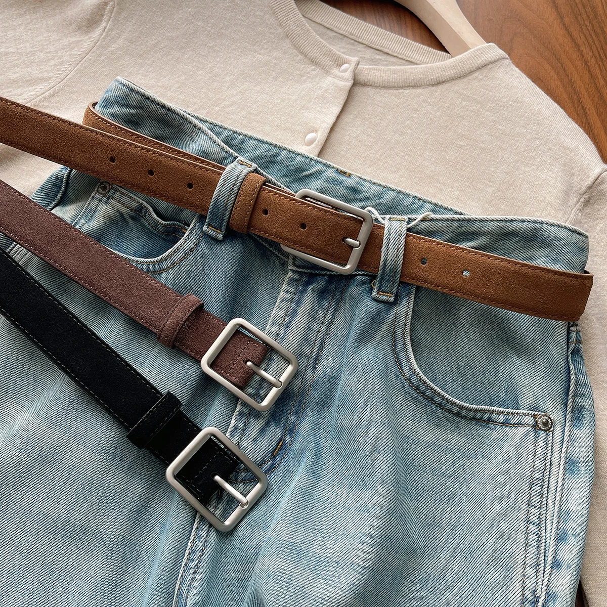 Cinturones de ante para mujer con hebilla cuadrada, cinturones de cuero vintage, pretina informal para mujer para jeans, pantalones, vestidos, opciones de varios estilos