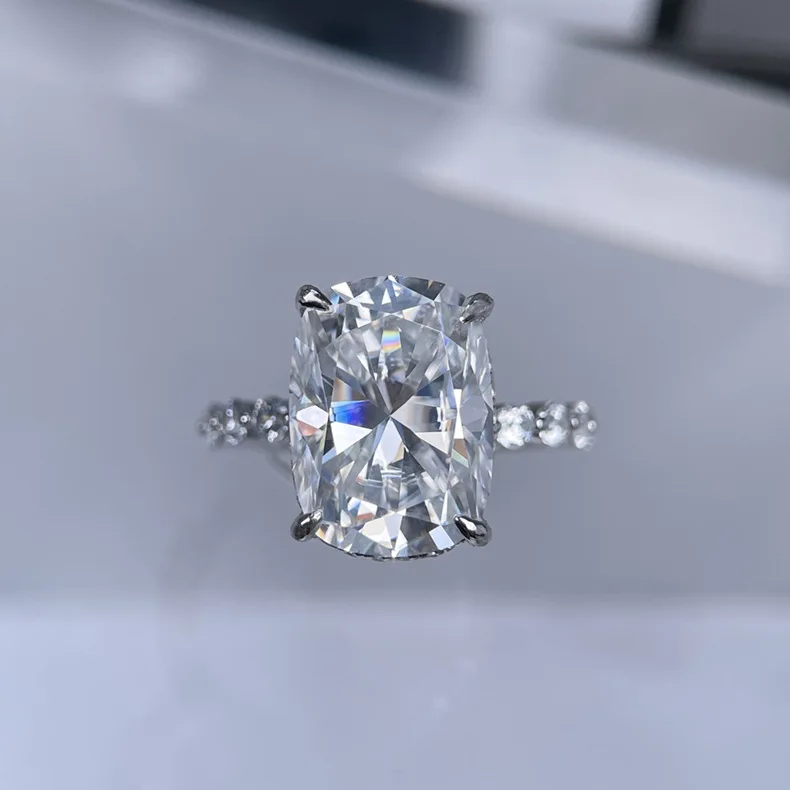 S925 Rhodium Plated Silver 10CT D Color Oversized Moissanite 10x14mm Long Cushion Engagement Ring for Women, Exquisite Jewelry