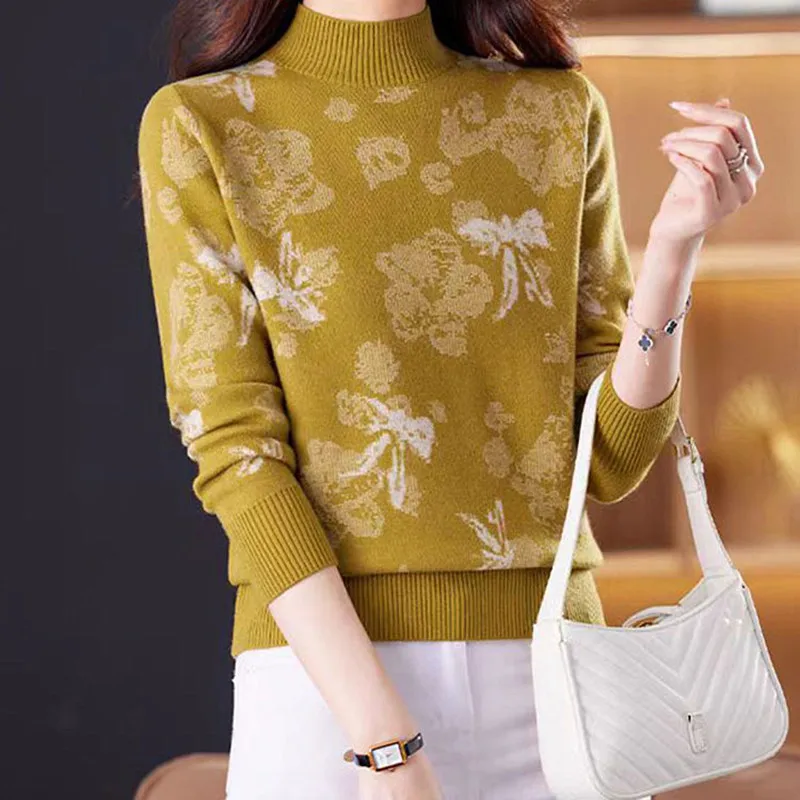 

Women's Clothing Vintage Printed Long Sleeve Top Half Turtleneck Warm Autumn Winter Sweater Knitwear Ladies Pollovers Blouse