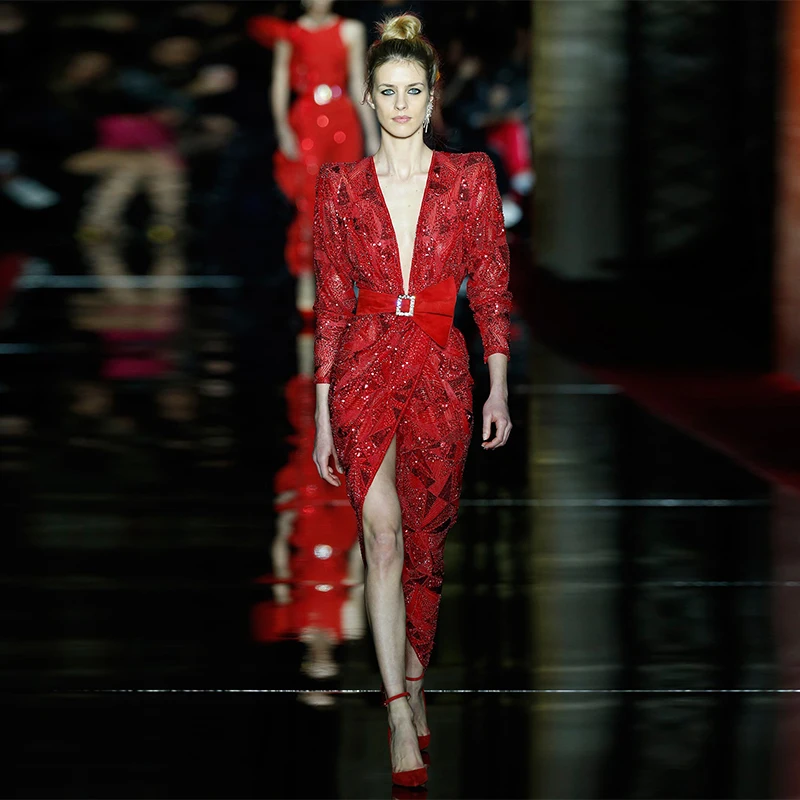 LY69 Zuhair Murad V neck Long Sleeves Full Bead Slit Ankle length فساتين السهرة vestidos de fiesta فساتين سهره evening dresses