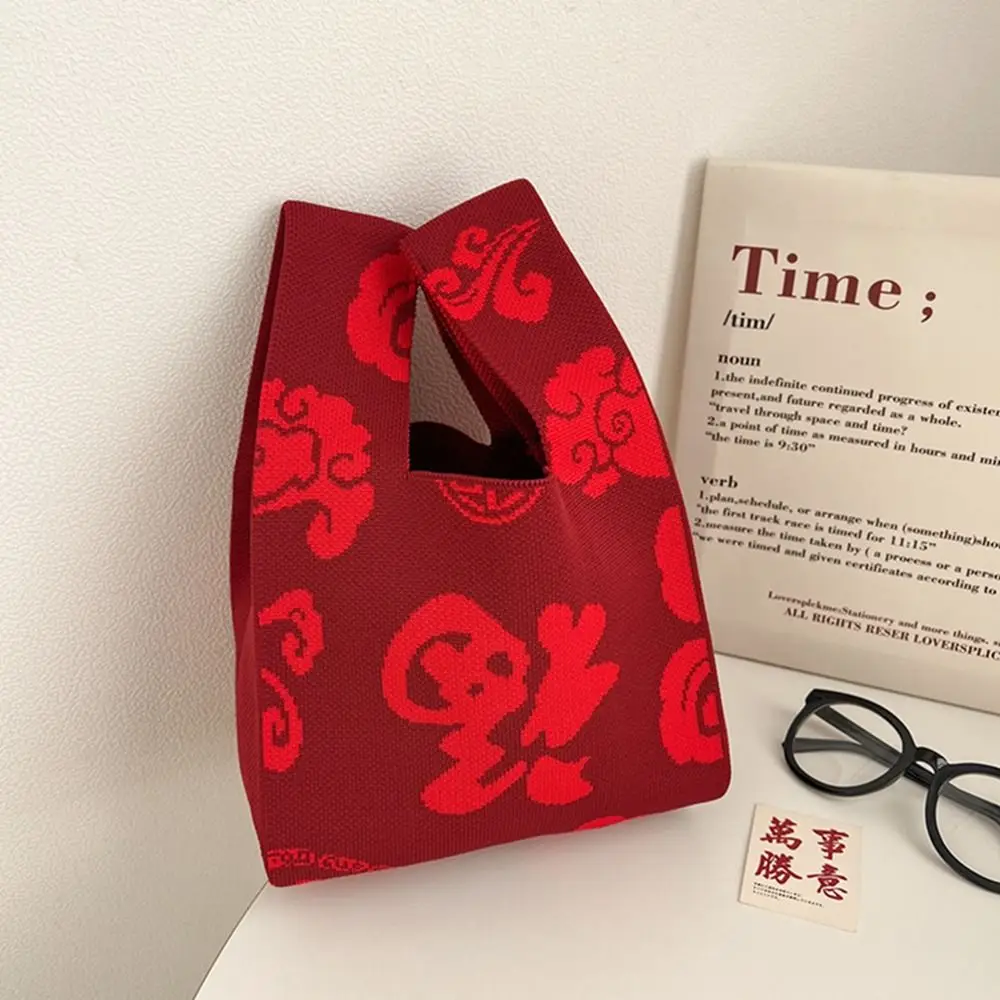 

Portable Christmas Gift Knot Wrist Bag Bow Weave New Year Knitted Bag Handbag Wool Bucket Bag Tote Bag Student