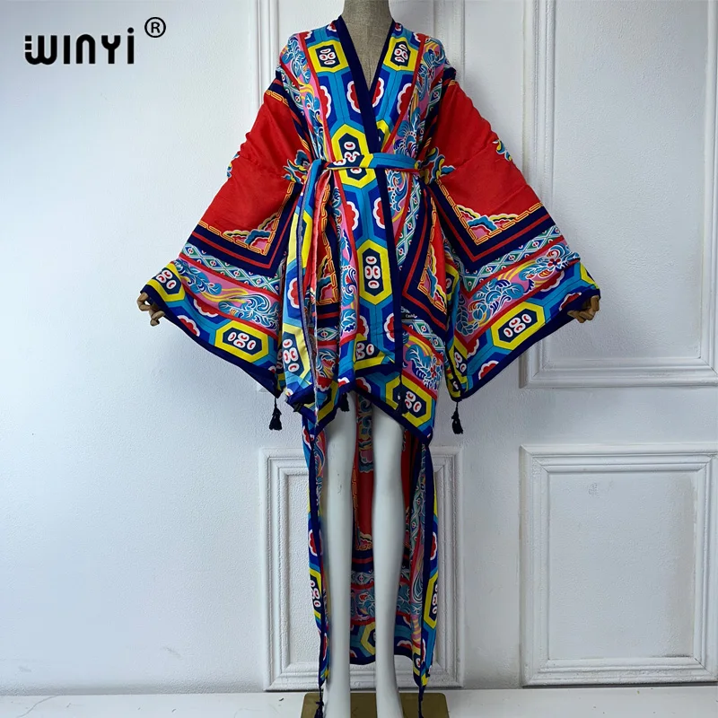 WINYI Summer Beach Wear Cover Up Lady Boho Cardigan printing elegant sexy Holiday Kimono maxi dress abaya dubai luxury