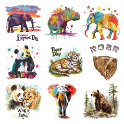 22CM Animal Clothing Patch World Elephant Day Tiger Day DTF Heat Transfer Patch Ironing Clothing Animal Stickers Vinyl Washable