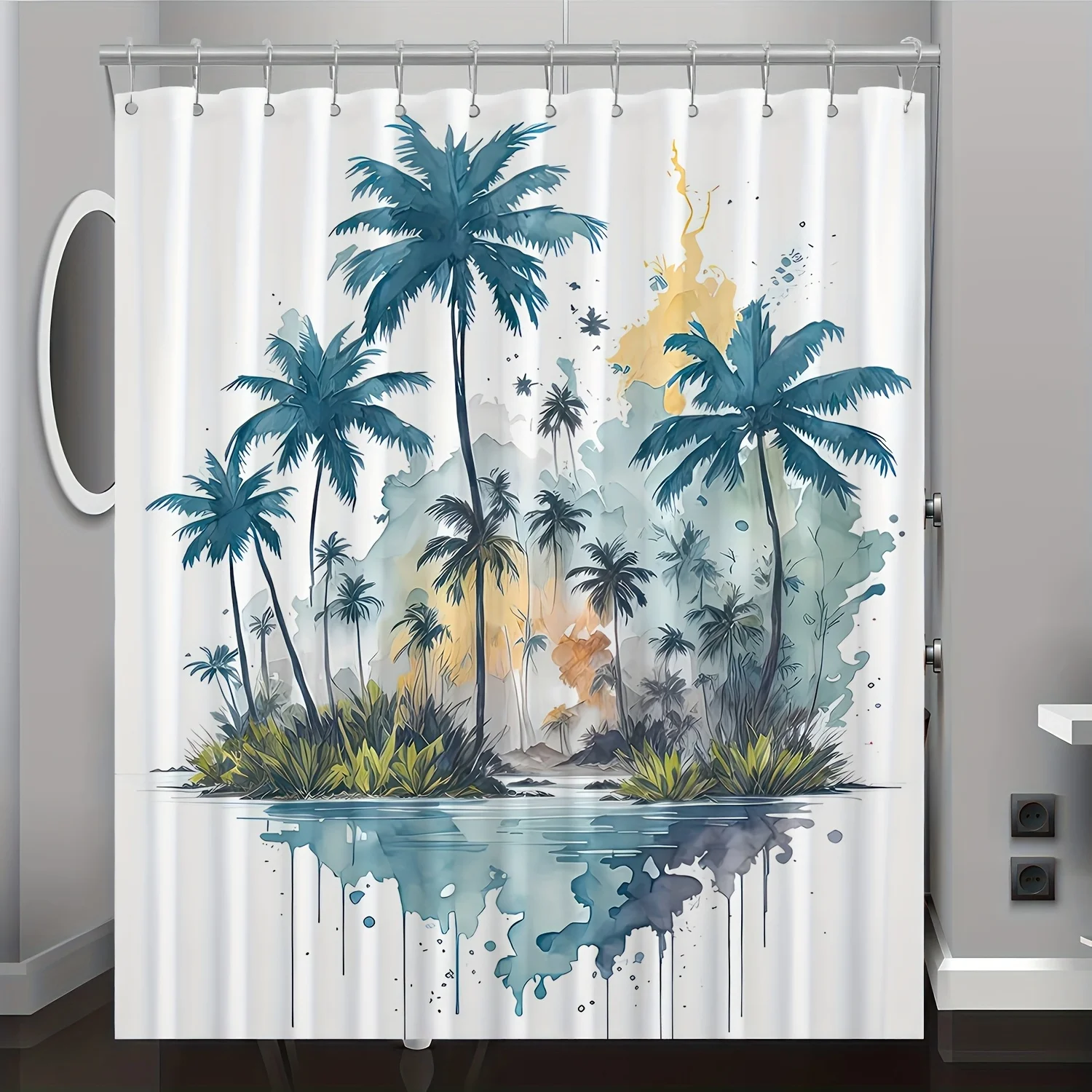

1pc Modern Coconut Tree Pattern Digital Print Shower Curtain, Bathroom Home Decor with Free Hooks, Machine Washable, All-Season