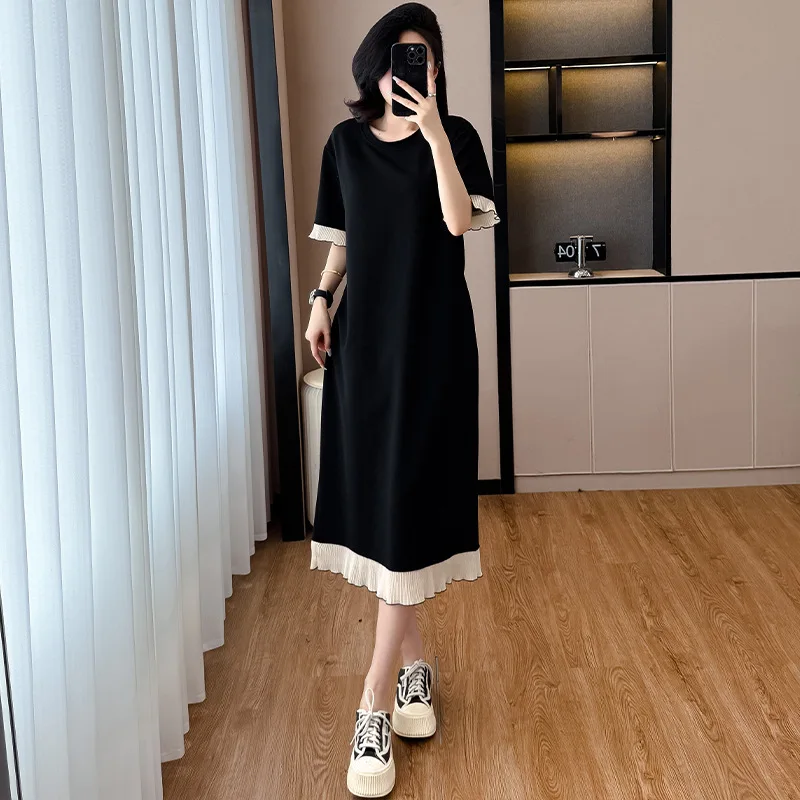 Robes d'été coréennes pour femmes, en dentelle, épissure, manches courtes, décontractée, ample, slim, taille haute, Maxi T-shirt