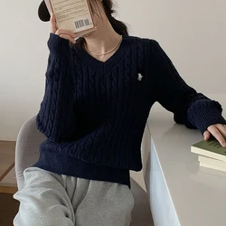 Women's Twist Pullover Knitted Sweater Solid Casual Jumper Fall 2023 Winter Vintage Embroidered V-Neck Long Sleeve Top