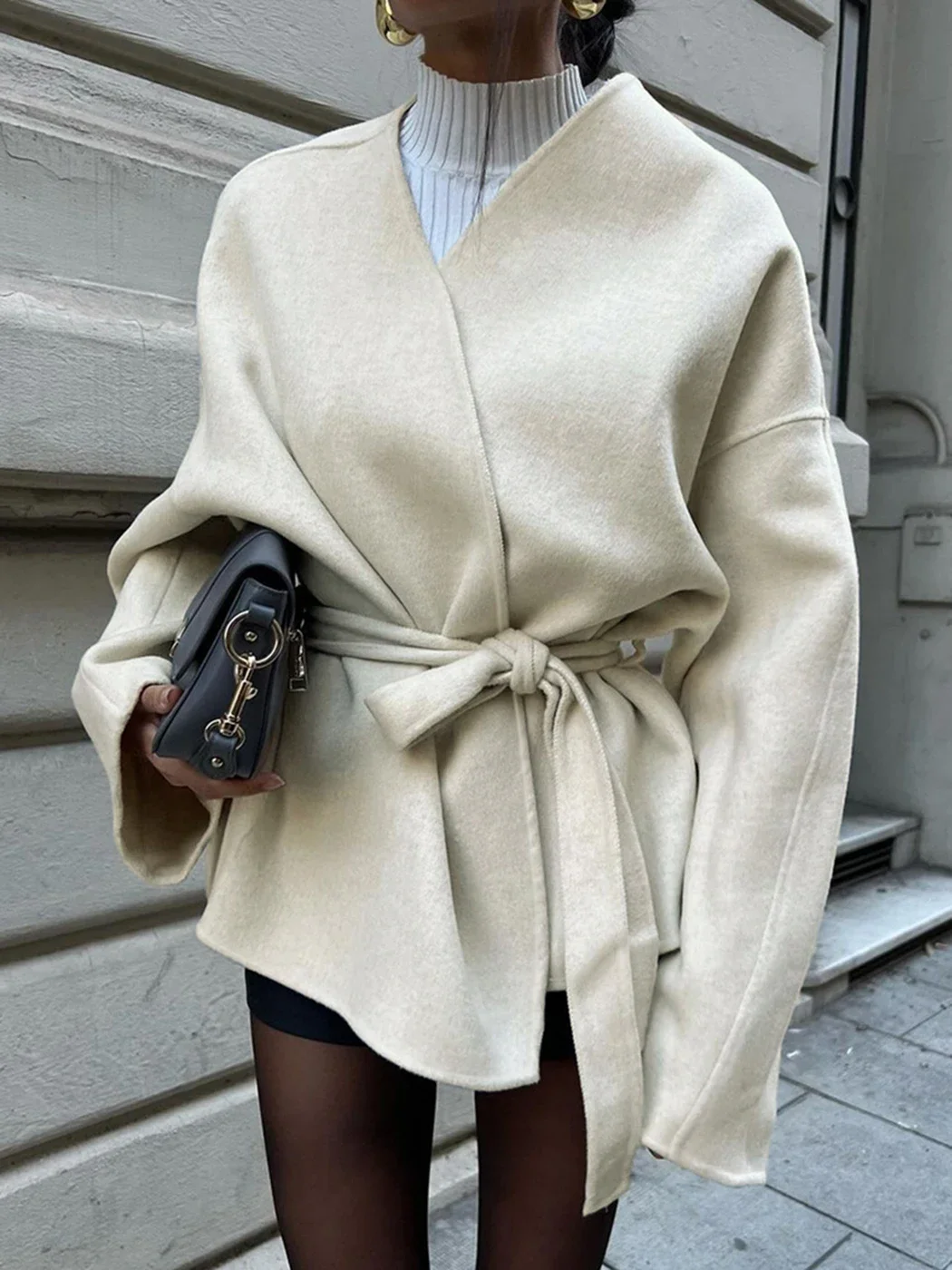 Elegante Wolljacke mit Gürtel und Schnürung für Damen, Herbstmode, Langarm, Kurze Jacke, 2025 Neue Damen-Streetwear-Oberbekleidung – Detail 14