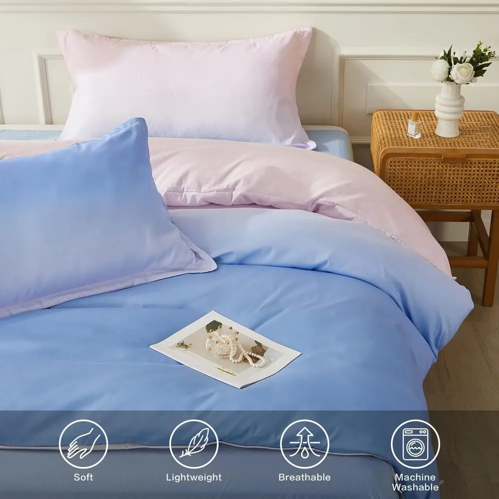 Blue and Pink Gradient Queen Duvet Cover Set with 8 Ties, Reversible, Zippered Microfiber