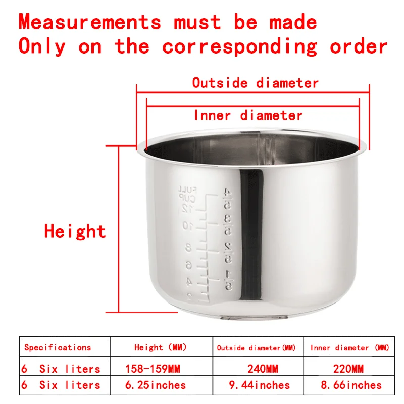 

6 Liters 158Electric Pressure Cooker Liner Stainless Steel 304 Food Grade Multi-Bowl Soup Porridge Pot Bile Cooker Accessories