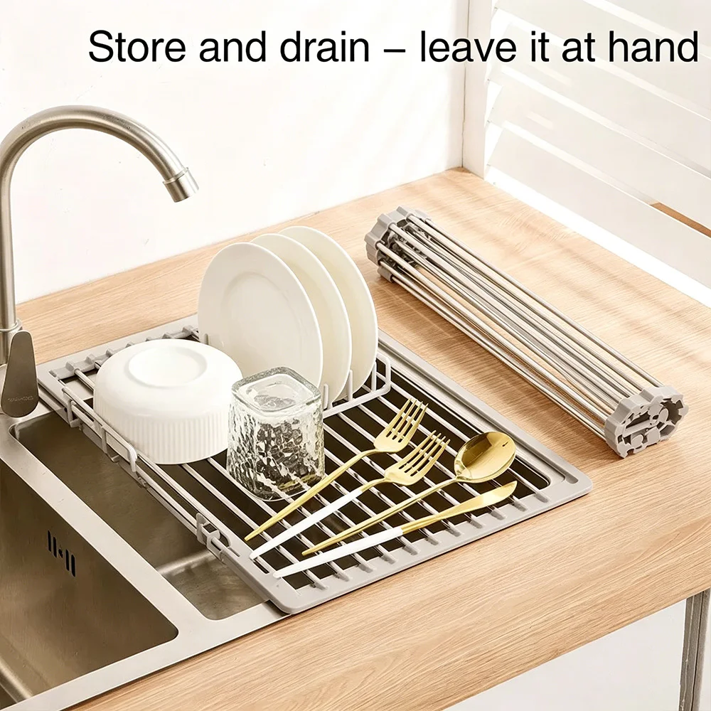 Over Sink Rollable Dish Drying Rack Foldable Stainless Steel Drain Mat for Fruits Vegetables and Cookware