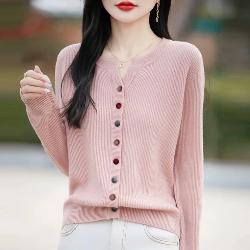 Cárdigan de punto con hebilla de Color de alta gama para mujer, abrigo, suéter, nuevo Top corto exterior ajustado