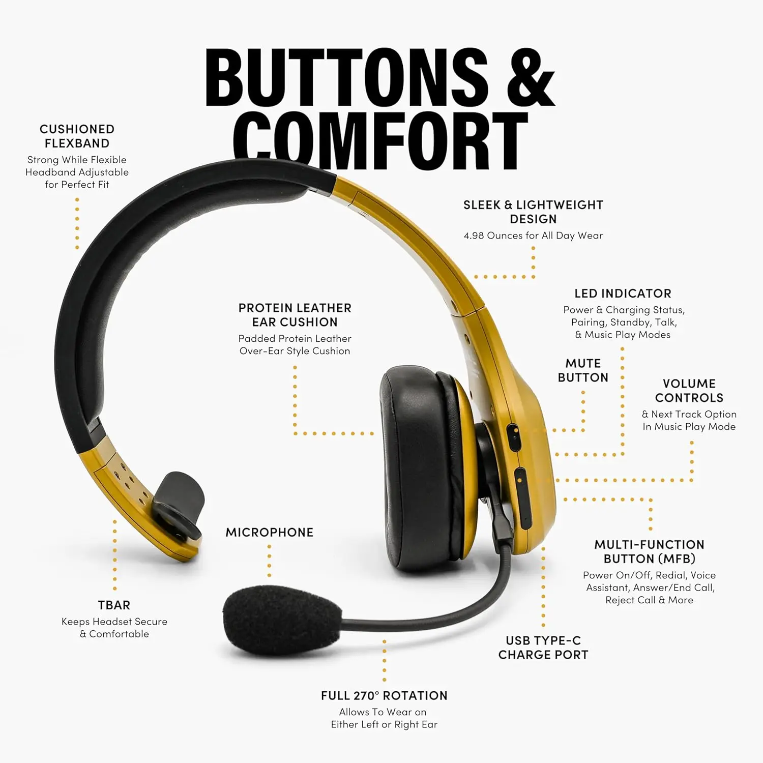 Premium Trucker Bluetooth Headset with Mic, 30H Talk Time, USB-C, Noise Canceling - view 2