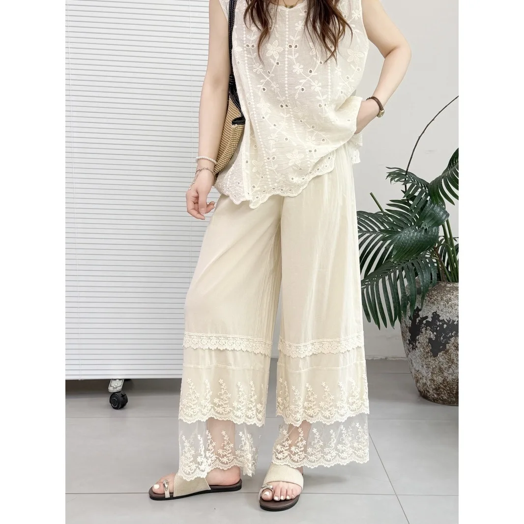 Korean Style Lace Transparent Splice Elastic Waist Ladies Casual Pants Long Pants Cute Style Cotton Blend No Brand Registered