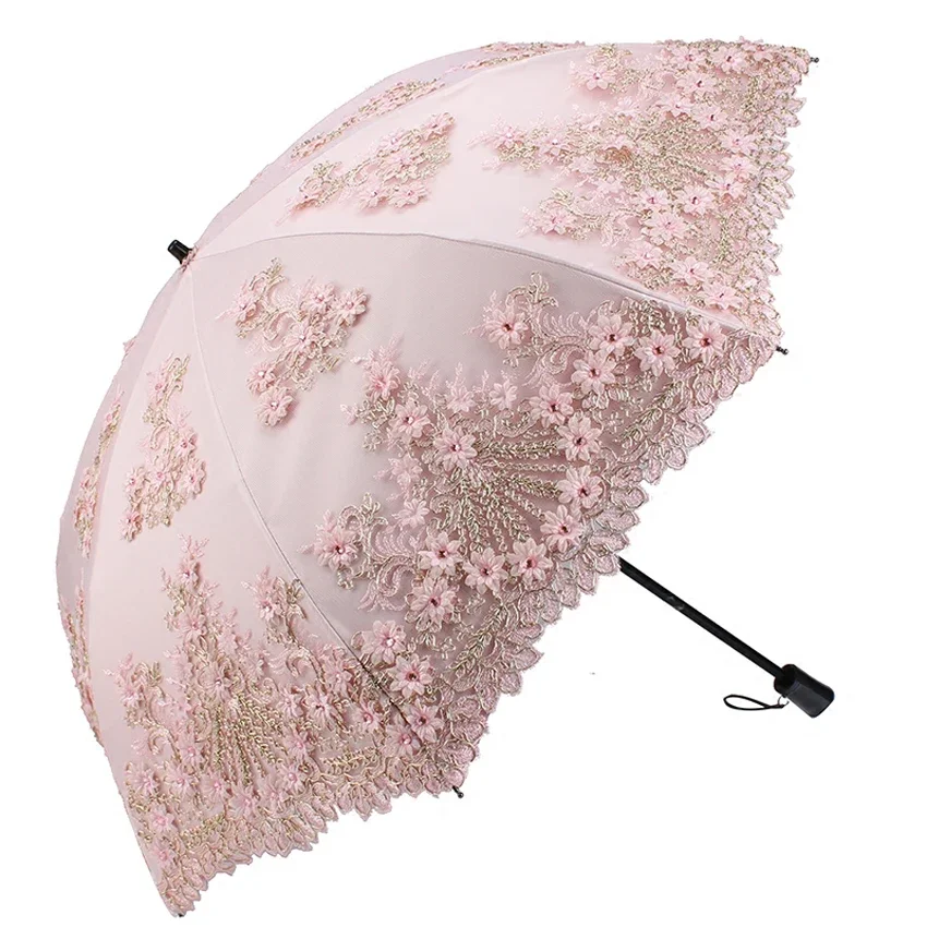 Double Sunscreen Umbrella for Women, UV Protection, Lace Flower Embroidery Umbrella, Mini Umbrella Folding Dual-Use Sun Umbrella