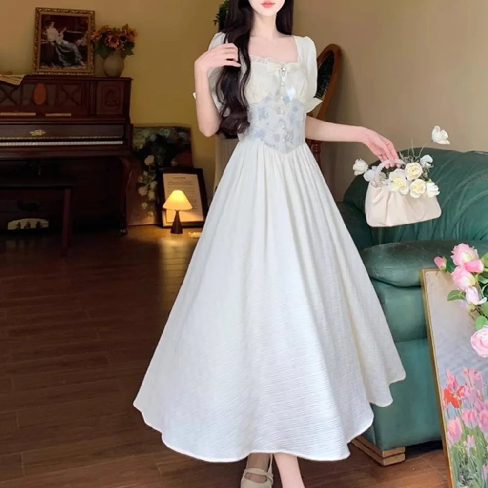 Verano Ele bordado floral ort Sve Long Dr Sweet Fairy Princ falda acampanada de cintura alta ort Sve Maxi Dr