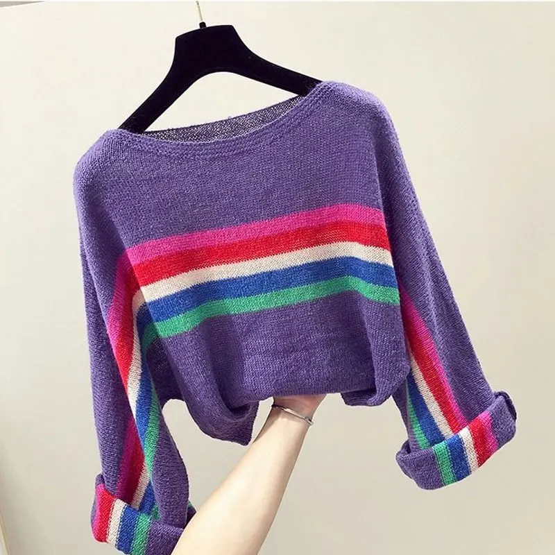 Women\'s Clothing Color Striped Jumpers Casual Loose Spring Summer Thin Round Neck Korean Long Sleeve All-match Knitted Sweaters