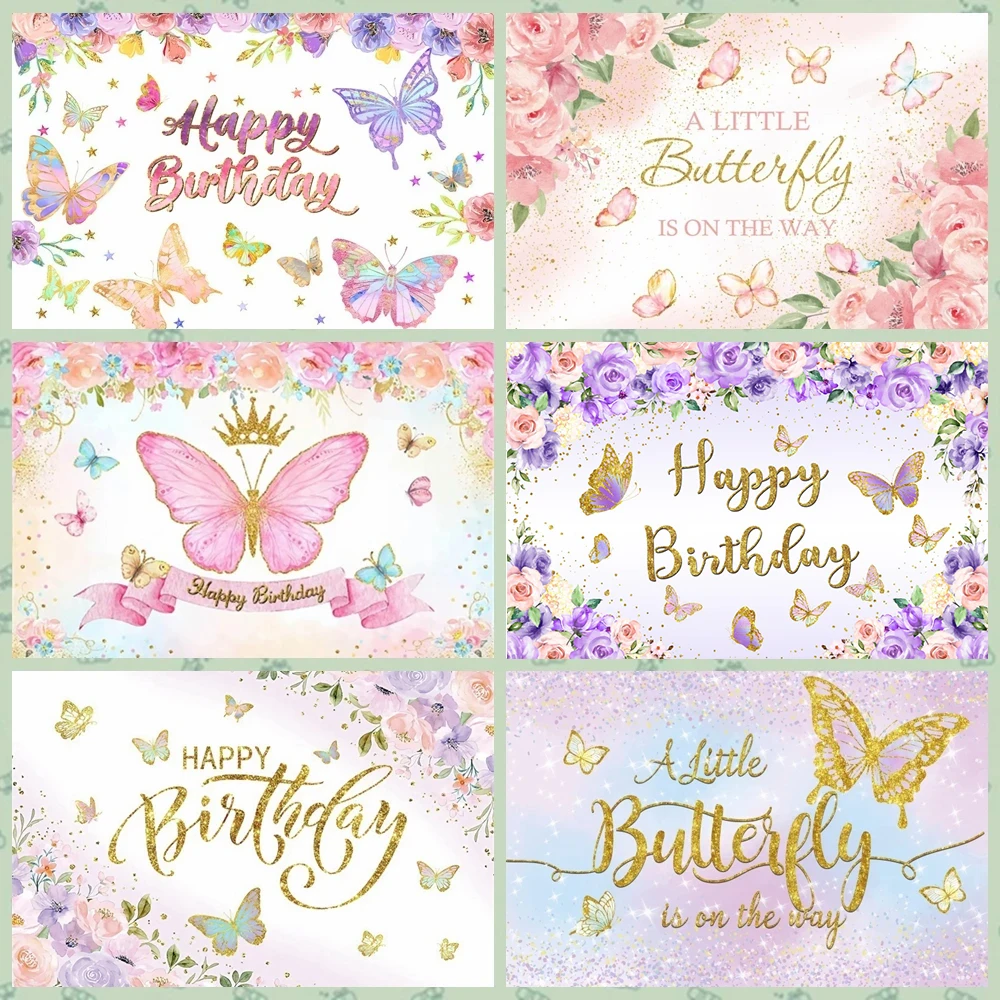 

Laeacco Butterfly Birthday Party Decoration Girl Happy Birthday Backdrop Children's Portrait Baby Shower Photographic Background