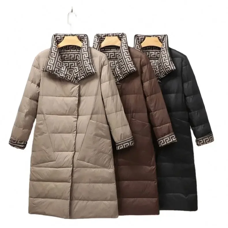 Winter New Style Double-sided Mid-length Down Jacket Casual Women's White Duck Down Jacket Turn-down Collar Coat Woven Long