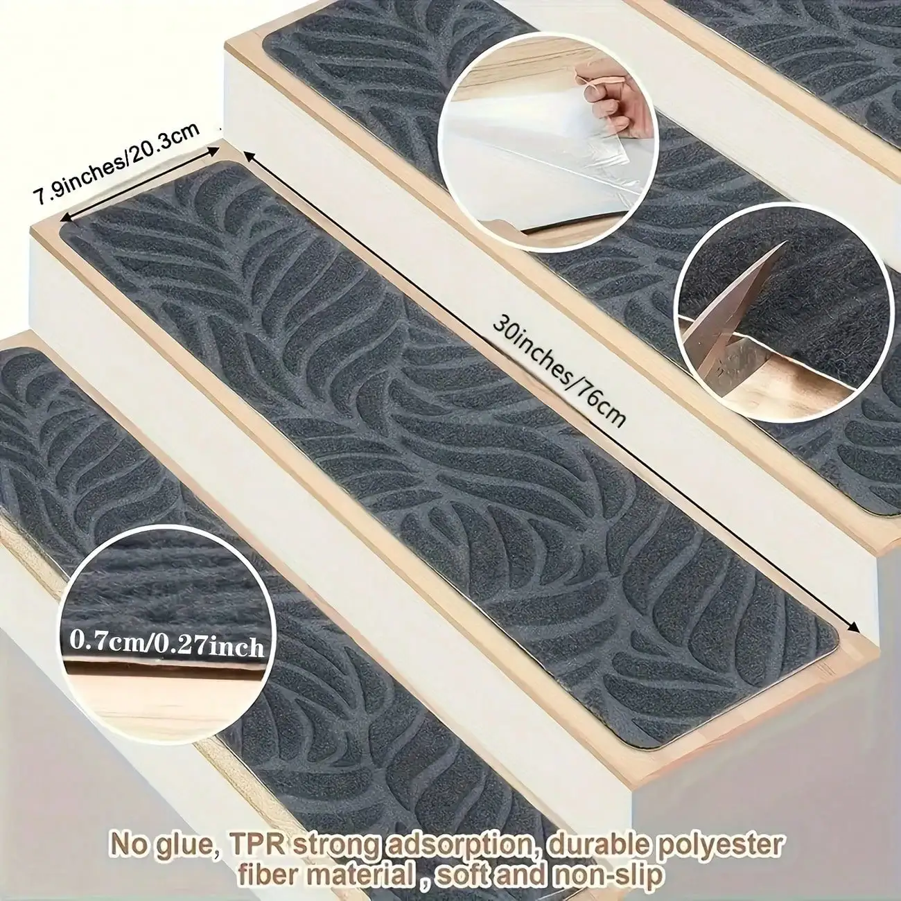 15-piece set of non-slip stair tread mats, self-adhesive design, prevents shifting and is washable 30 x 7.9 inches