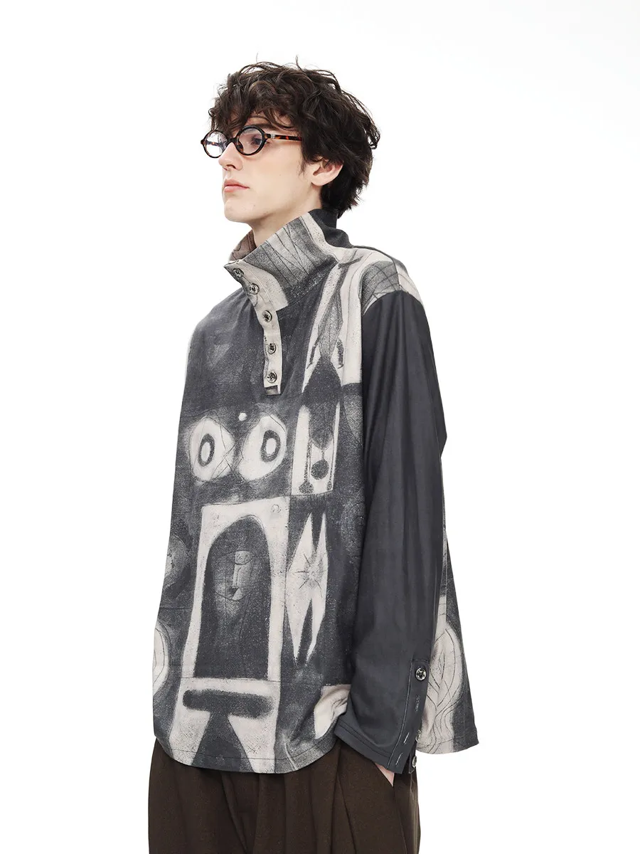 Japanese Retro Print Long Sleeve T-Shirt for Men Loose Casual Double-Sided Flannel Stand Collar Gray Top for Spring and Autumn