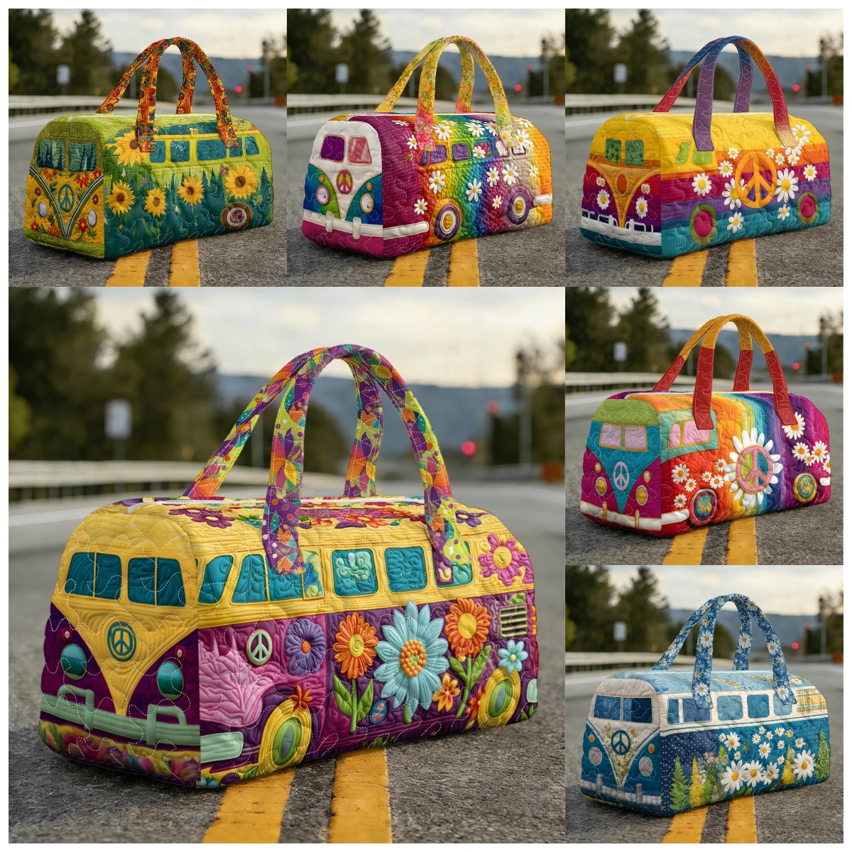 

Peace Bus Sunflower Daisy Print Quilted Duffle Bag Floral Travel Tote Handbad Women Men Weekender Bag For Road Trips