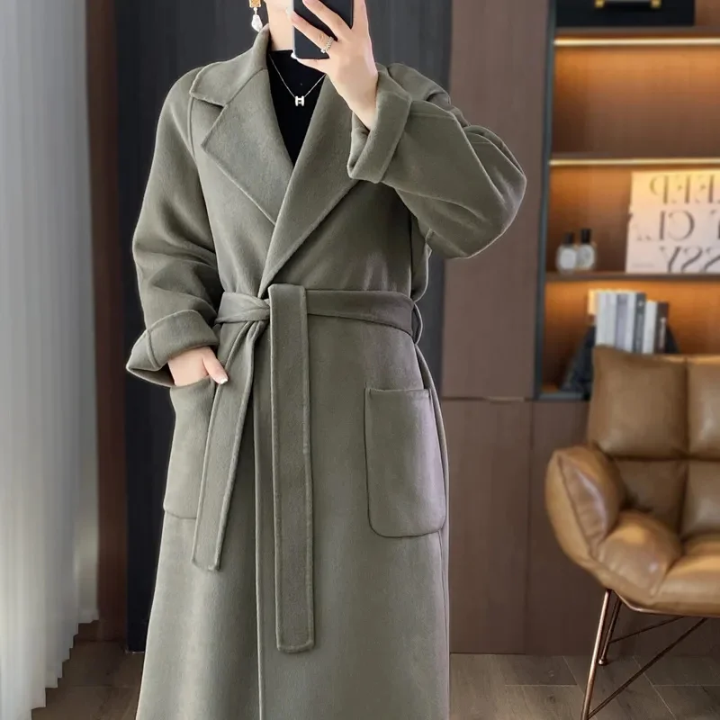 100% Wool Coat Women's Wear 2026 Autumn/Winter Fashion Temperament Double sided Cashmere Coats with Belt Elegant Long Overcoat