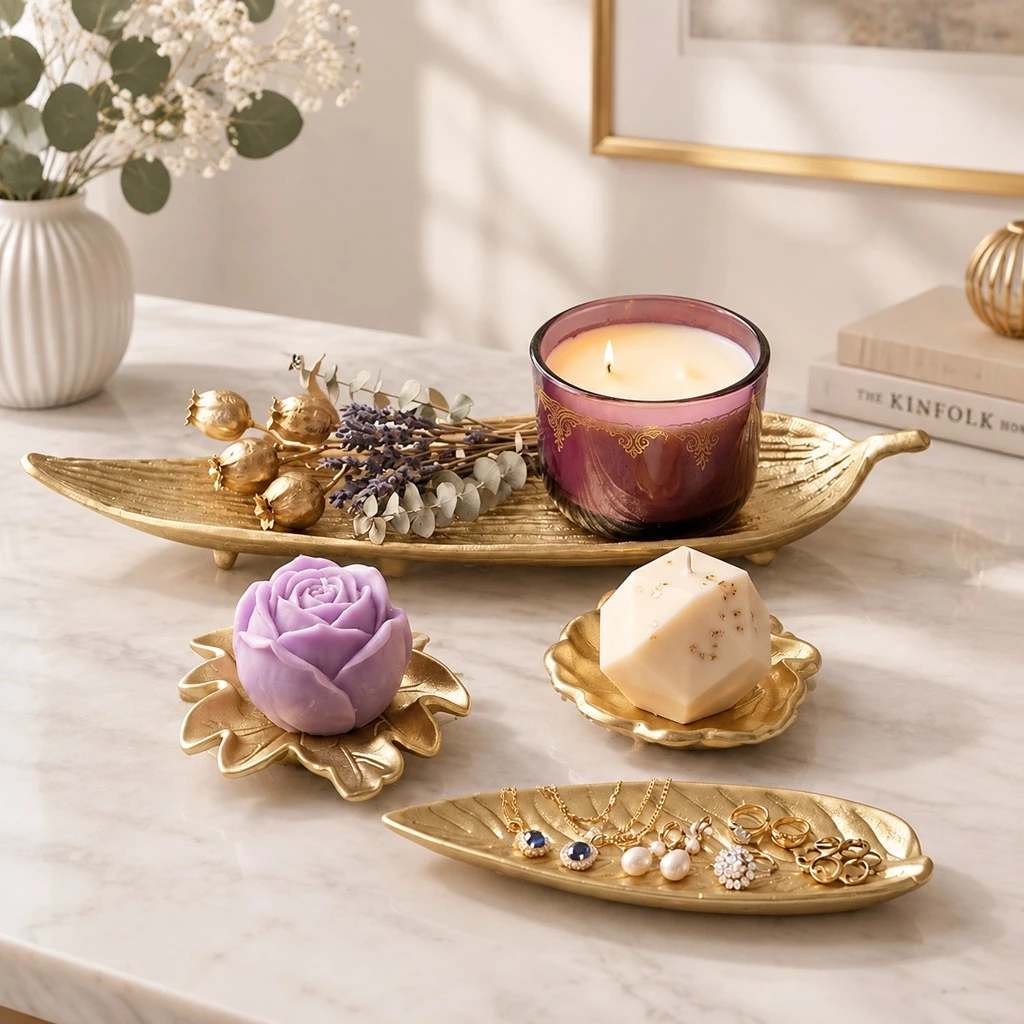 Candle Holder Decor - Bandeja decorativa dorada de estilo vintage,