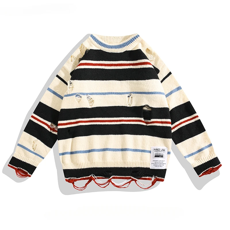 

Autumn Winter Color-blocked Stripe Ripped Hole Pullover Sweater for Men and Women Trendy Street Versatile Casual Couple Knitwear