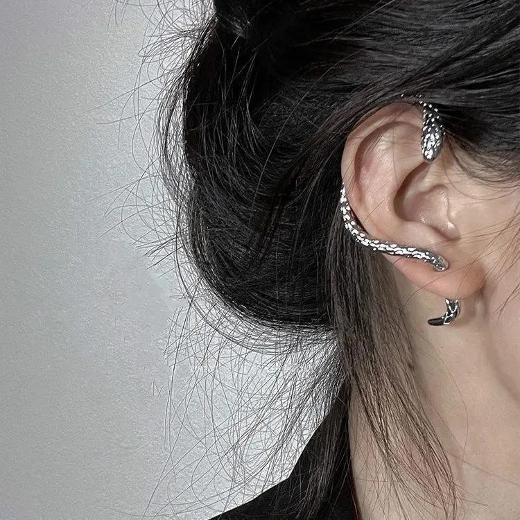 New European and American exaggerated retro punk dark cool style ins niche hip-hop earrings wrapped in snake shaped earrings Y2K