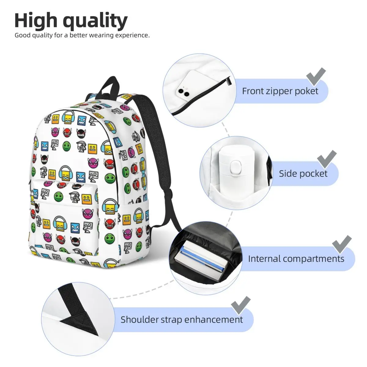 Geometry Dash Video Game Lover Backpack para crianças, escola estudantil Bookbag, mochila pré-escolar, jardim de infância com bolso, menino e menina