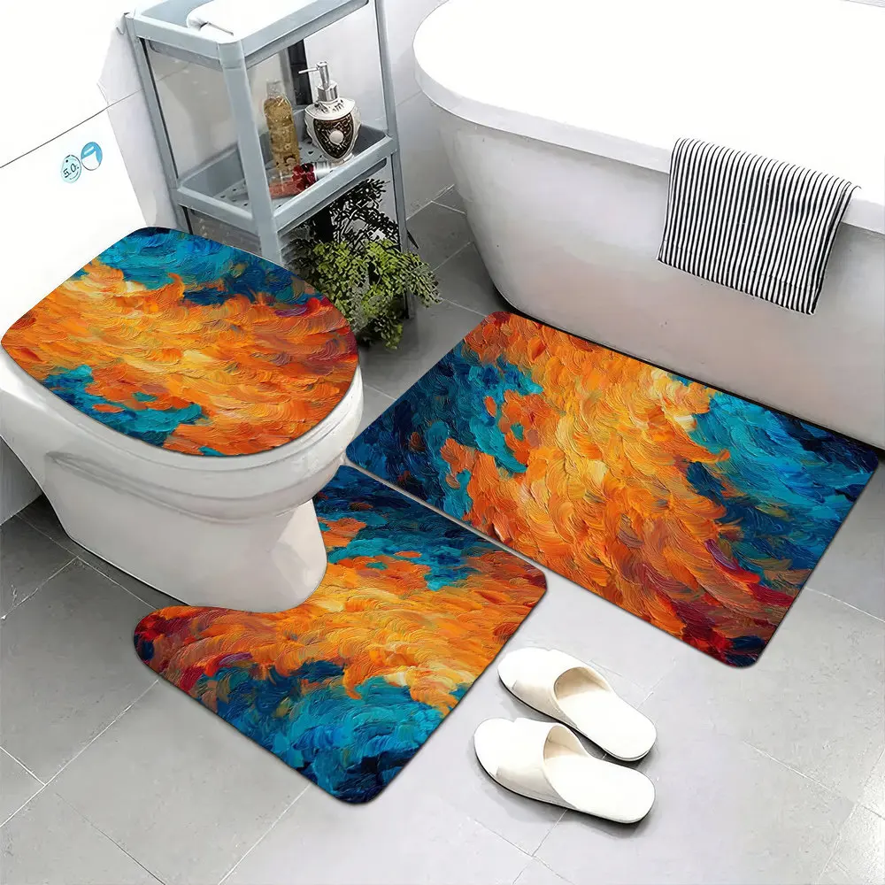 

Set of 3 Ultra-Soft Bathroom Floor Mats with Non-Slip Backing, Featuring a Vibrant Abstract Design of Orange And Blue Flames, Pe